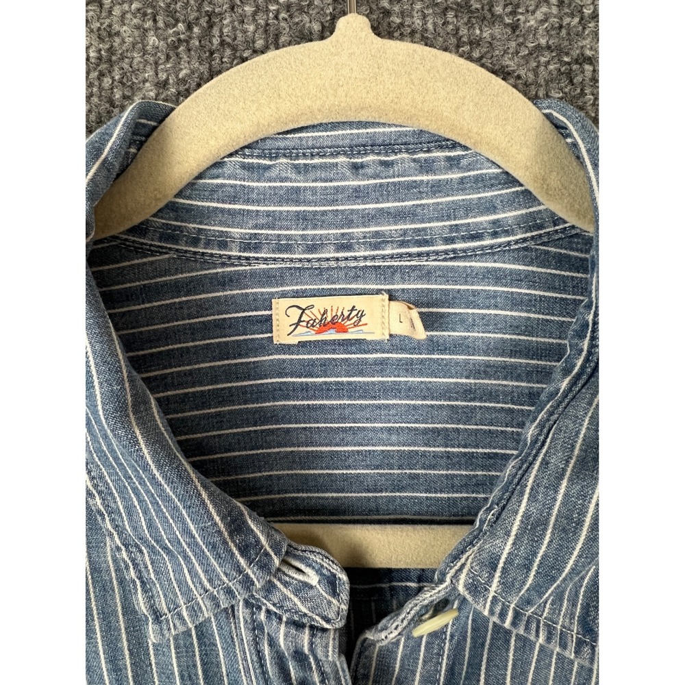 Faherty Womens Shirt Sz L Blue White Striped Tencel Linen Indigo Button Down - Picture 2 of 9